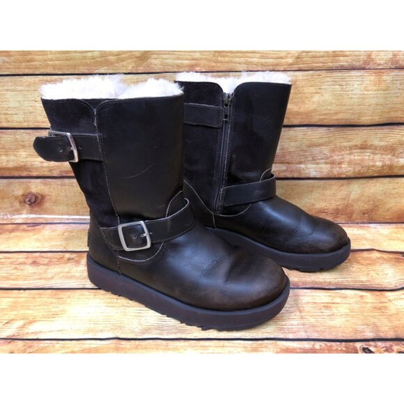 UGG Breida Brown Leather Waterproof Sheepskin Vibram Sole Boots Womens 6 /37 (h7 - Picture 3 of 10